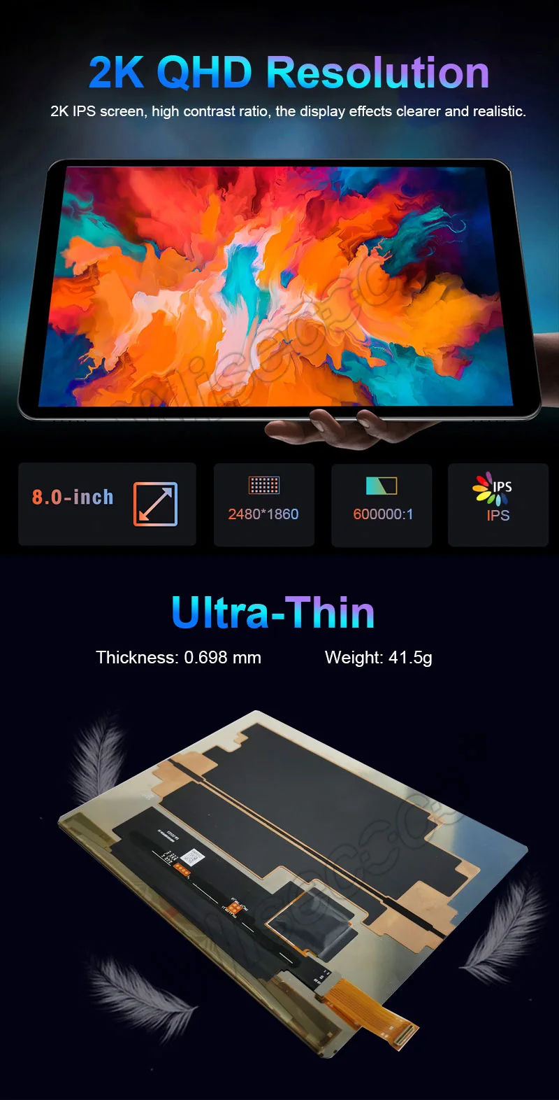 8 inch 2K oled module ultra thin amoled display