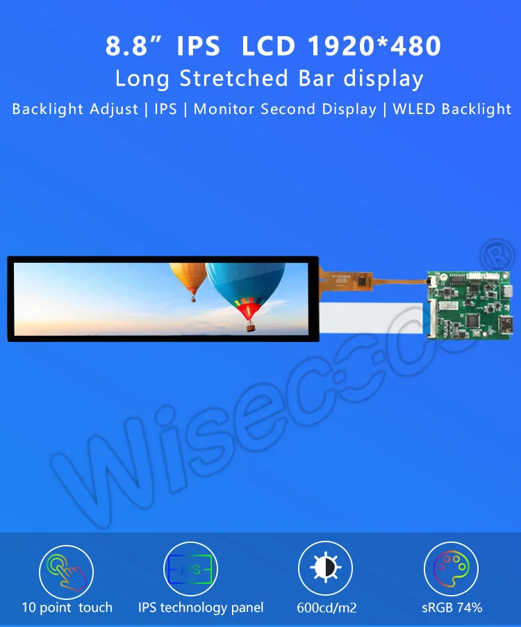 8.8 inch 1920x480 touch screen stretched bar lcd display
