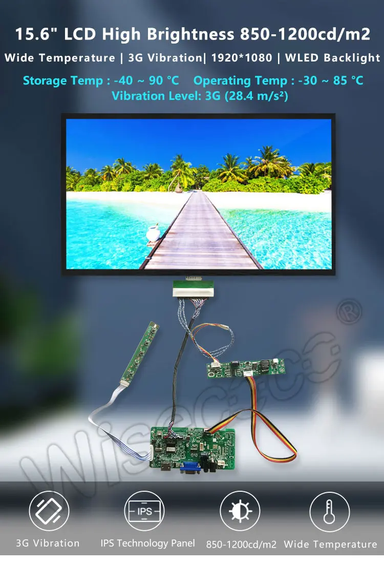15.6 Inch FHD 1920x1080 1200 Nits High Brightness Wide Temperature Automotive Outdoor Touch Display