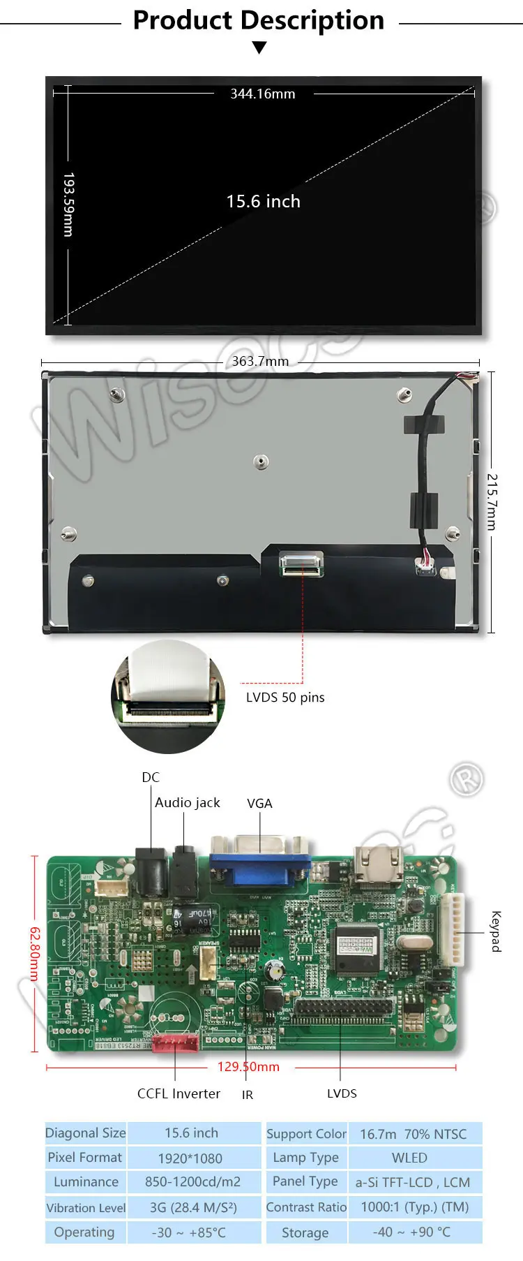 15.6 Inch FHD 1920x1080 1200 Nits High Brightness Wide Temperature Automotive Outdoor Touch Display