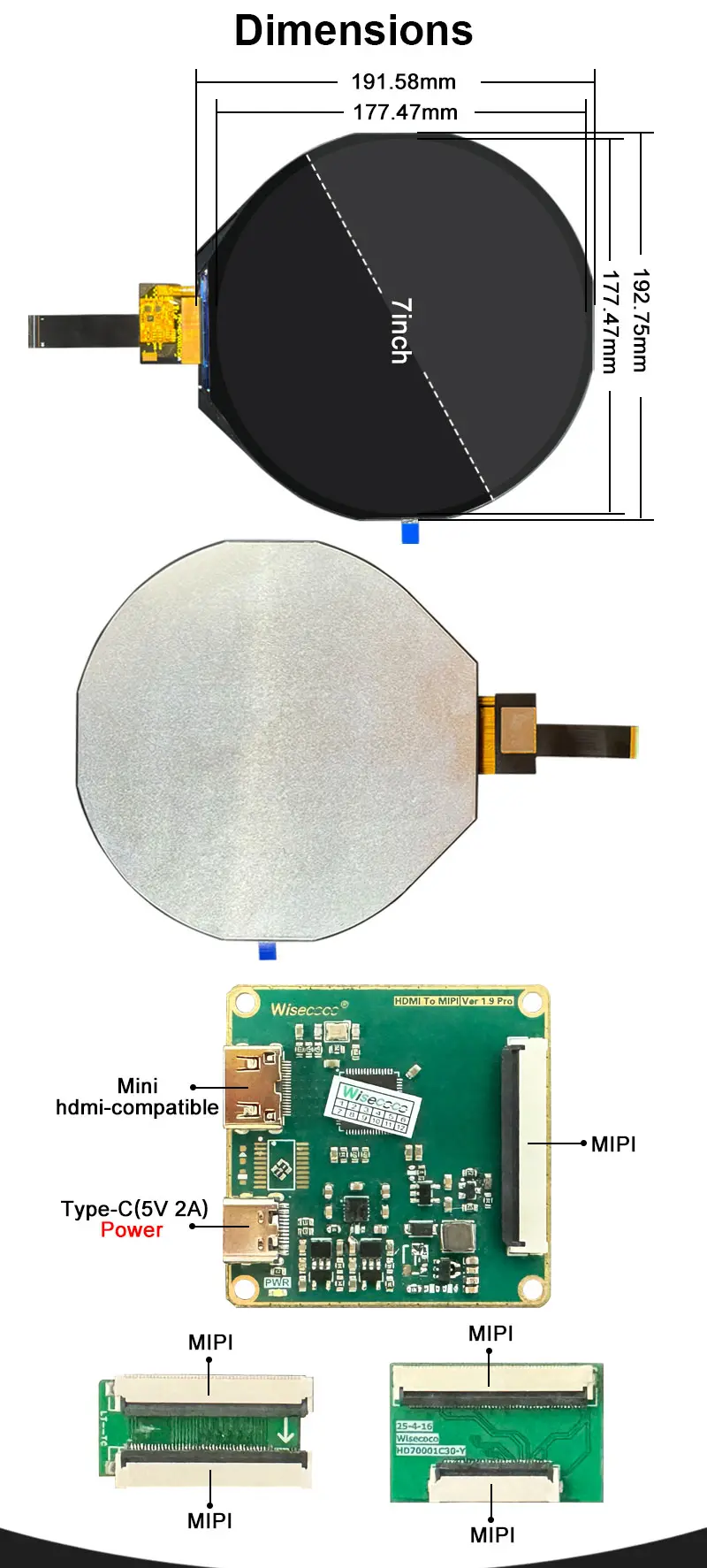 7 Inch Round Circular IPS LCD Display