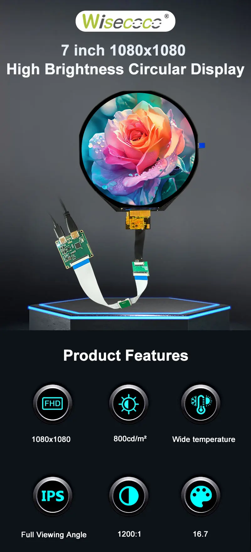 7 Inch Round Circular IPS LCD Display