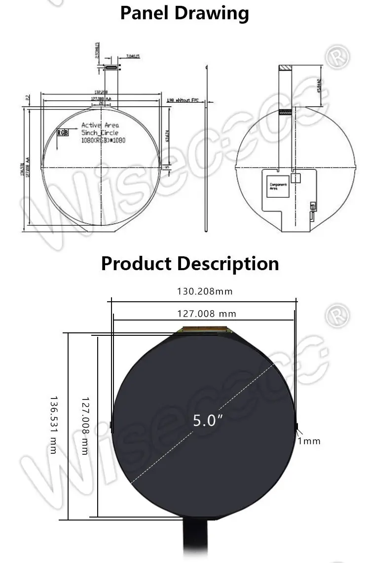 5 inch 1080x1080 IPS round lcd display