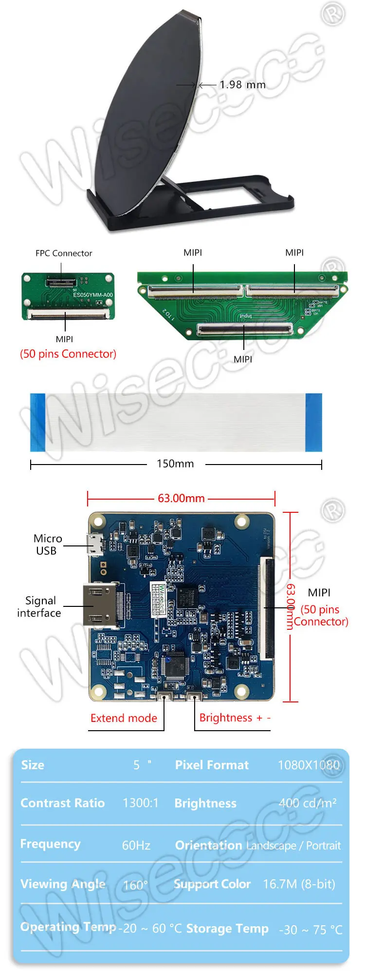 5 inch 1080x1080 IPS round lcd display