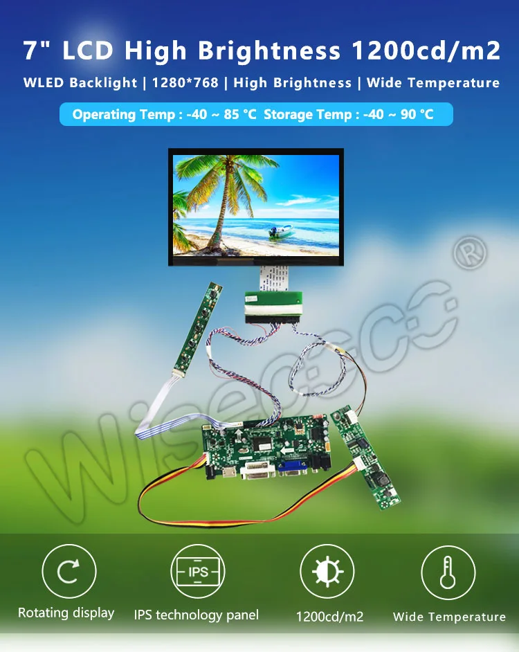 Industrial Grade 7 Inch High Brightness 1200nits TFT Display TFT LCD Screen Module Panel 1280*768 Lcd Display