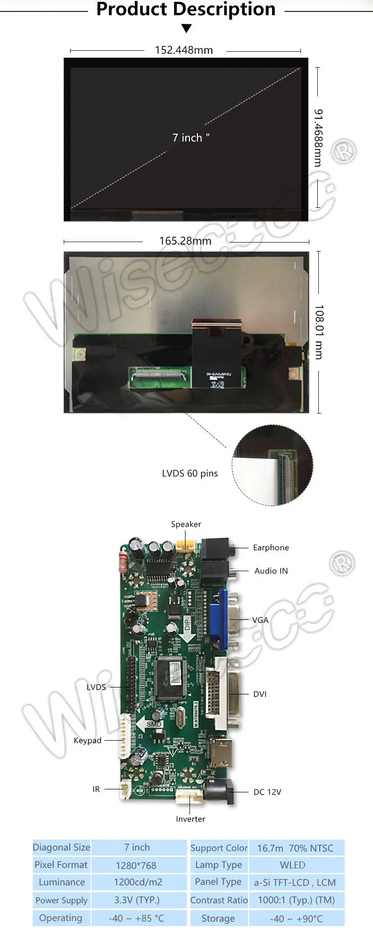 Industrial Grade 7 Inch High Brightness 1200nits TFT Display TFT LCD Screen Module Panel 1280*768 Lcd Display