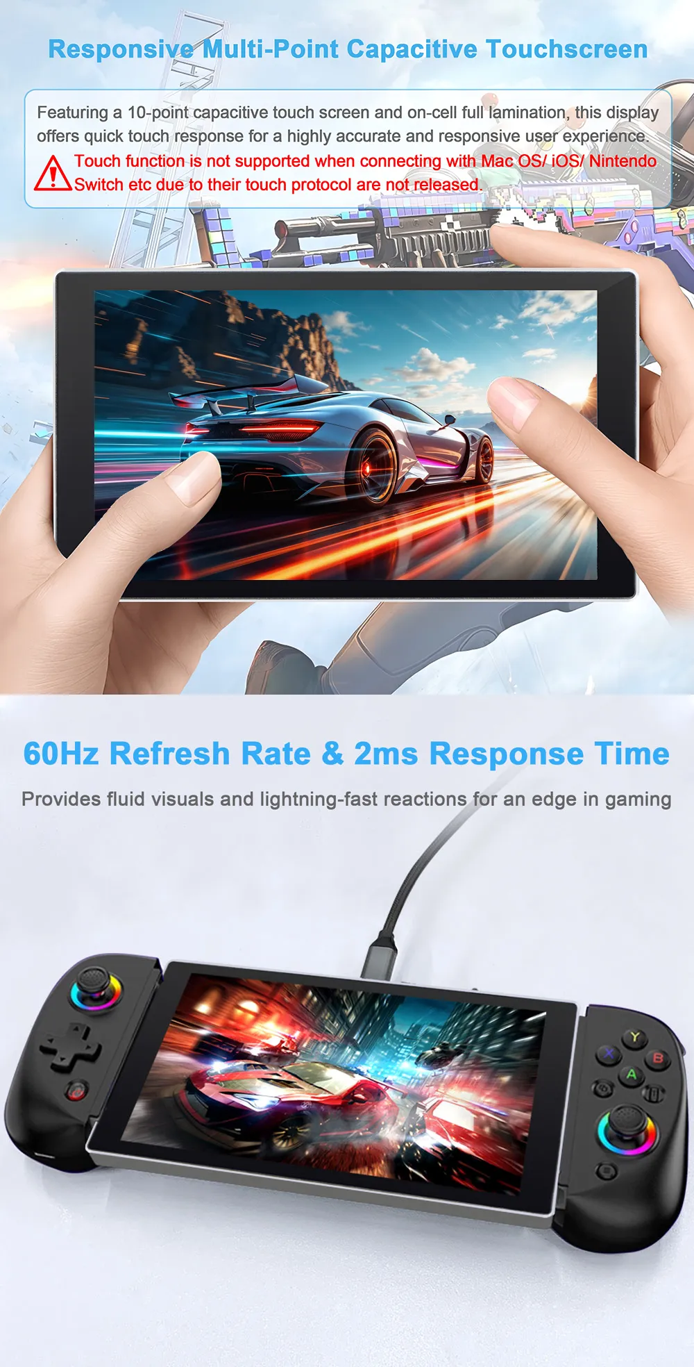 7 Inch Gaming Portable Extend Monitor with Type-c and USB