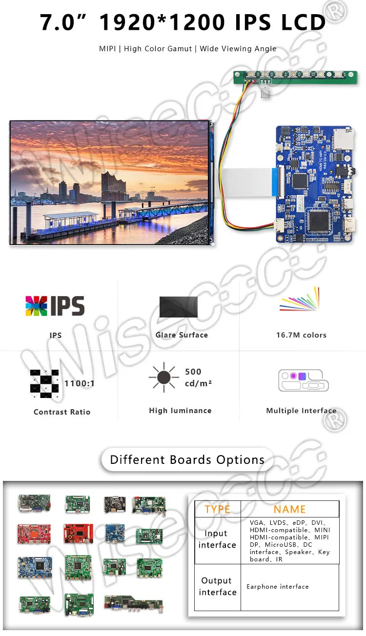 7 Inch TFT LCD Display 1920x1200 MIPI 500nits LCD Module With Driver Board