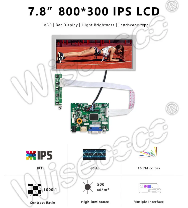 7.8 Inch Stretched Bar Lcd Display 800x300 Ips LVDS 500nits High Luminance TFT LCD Display