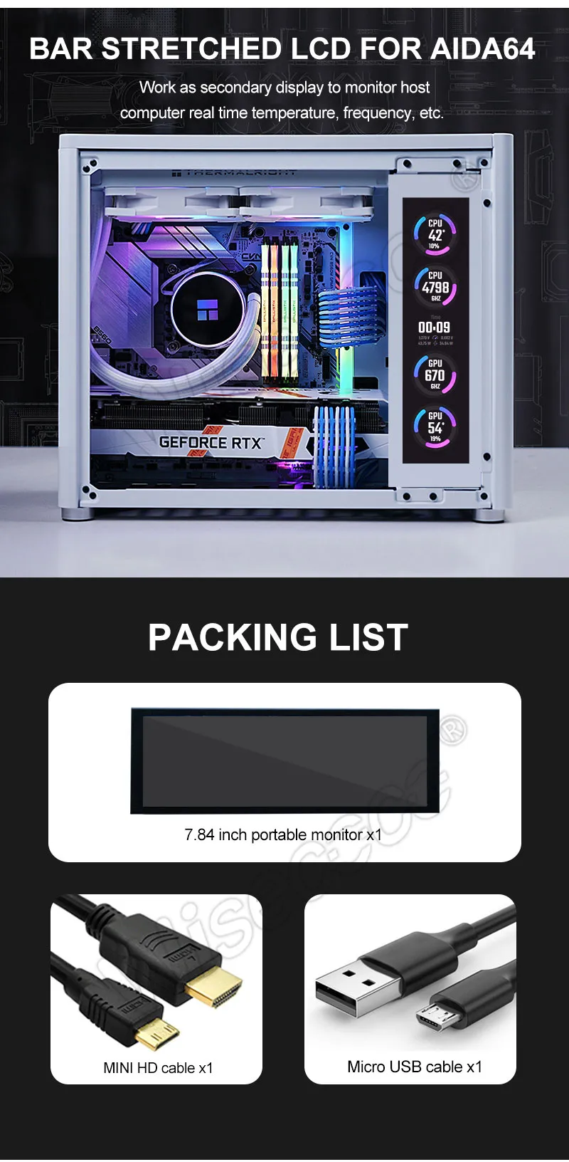 7.84 Inch 1280x400 LCD Monitor Stretched Bar Monitor