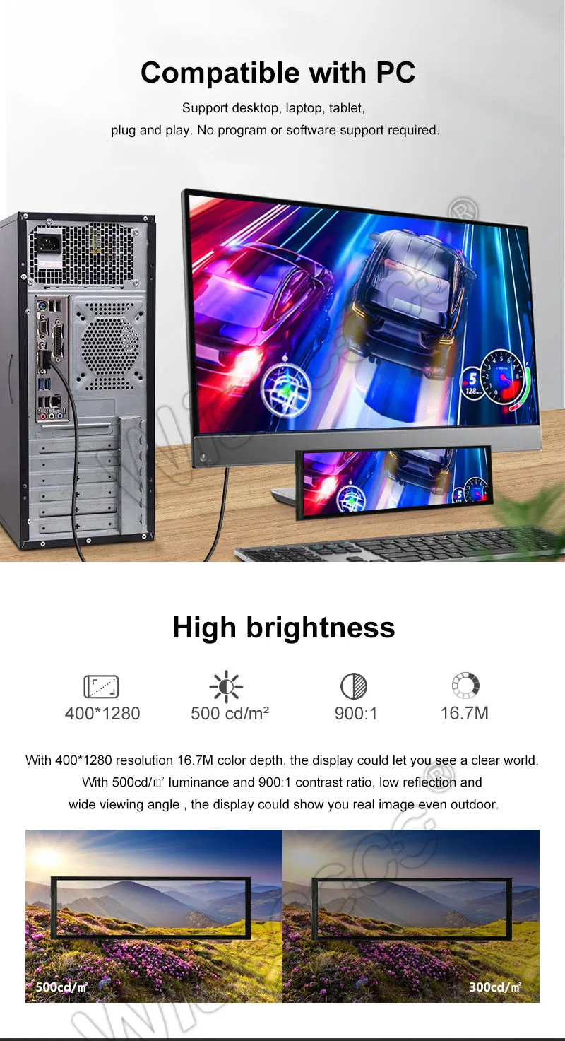 7.9 Inch Stretched Bar LCD Display 400x1280 IPS 500nits High Brightness TFT LCD Screen with Touch Panel