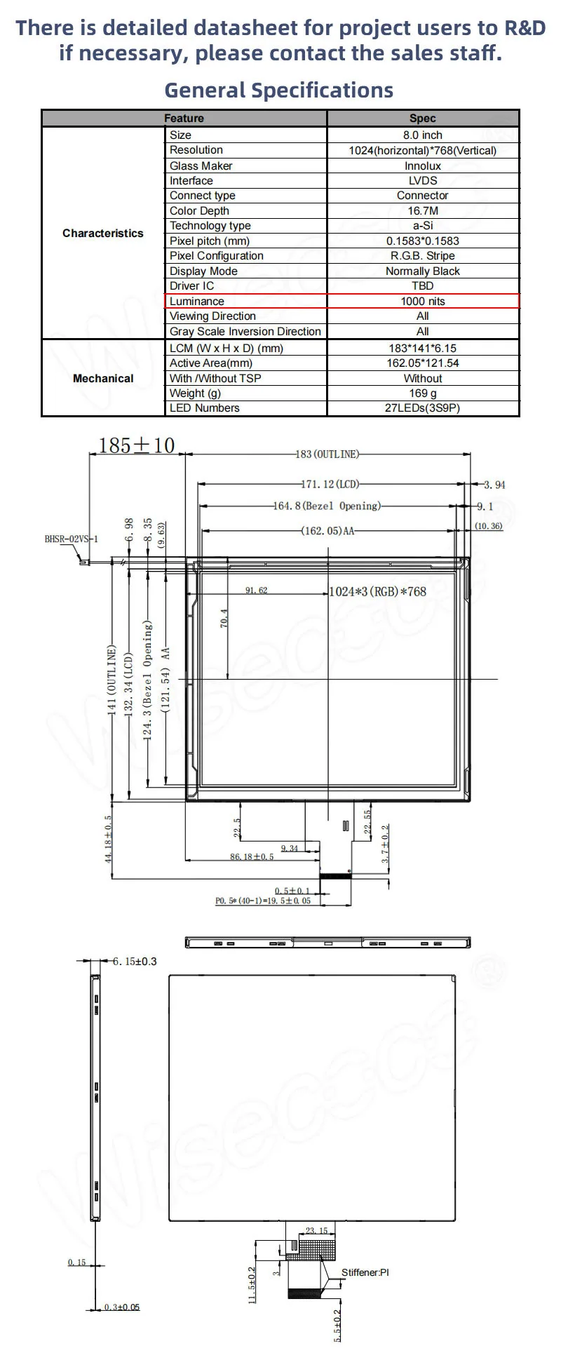 8-Inch 1024X768 High Brightness TFT LCD Panel Screen