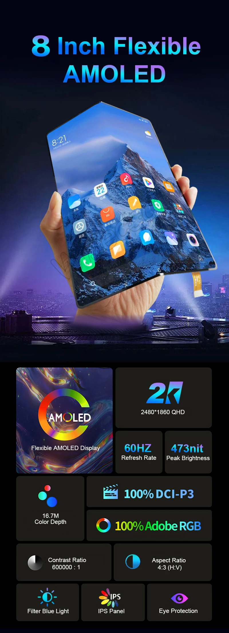 8 inch foldable screen flexible oled display
