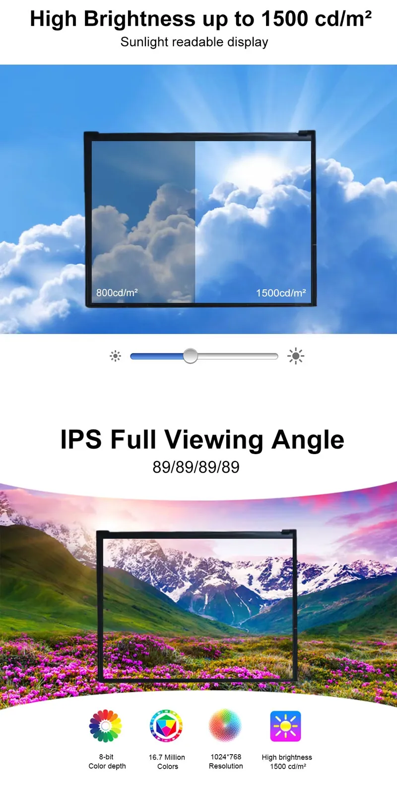 8.4 Inch TFT LCD Display 1024x768 LVDS 1200nits Ultra High Brightness Wide Temperature LCD Display With Driver Board