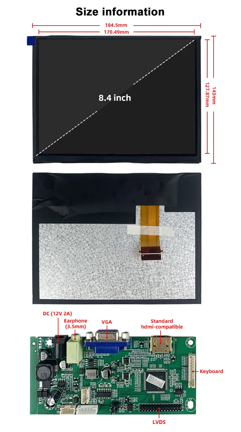 8.4 Inch IPS TFT LCD Display 1024x768 LVDS 1200nits Ultra High Brightness Wide Temperature LCD Display With Driver Board