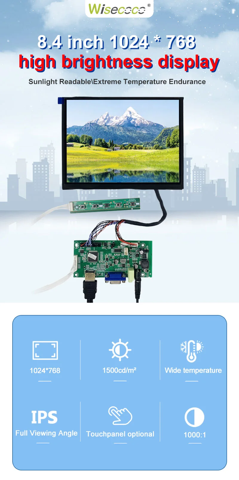 8.4 Inch TFT LCD Display 1024x768 LVDS 1200nits Ultra High Brightness Wide Temperature LCD Display With Driver Board