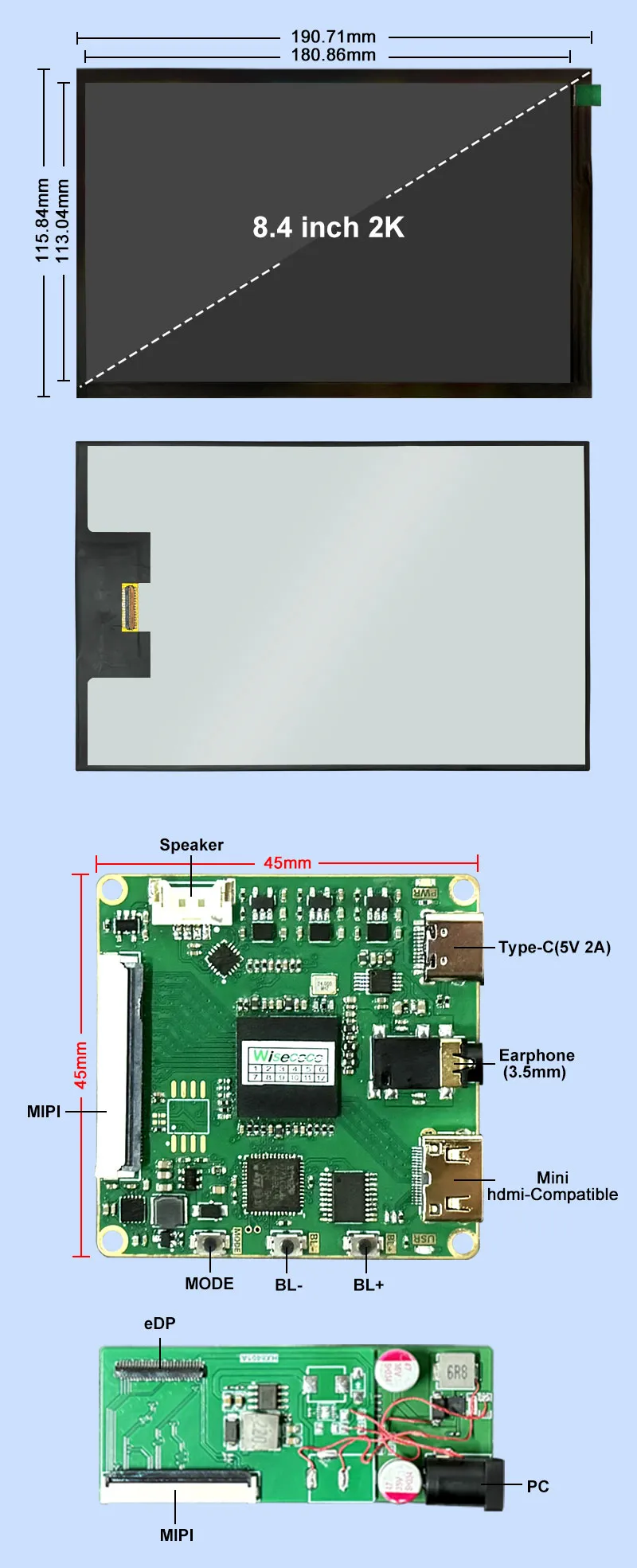 8.4 Inch IPS TFT LCD Display 2560x1600 2000nits High Brightness Screen