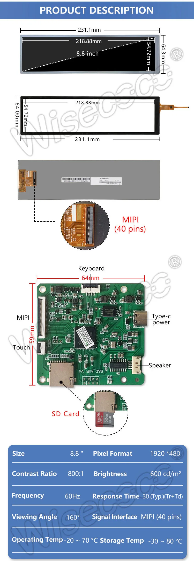 8.8 Inch 1920x480 Bar Type Lcd Module