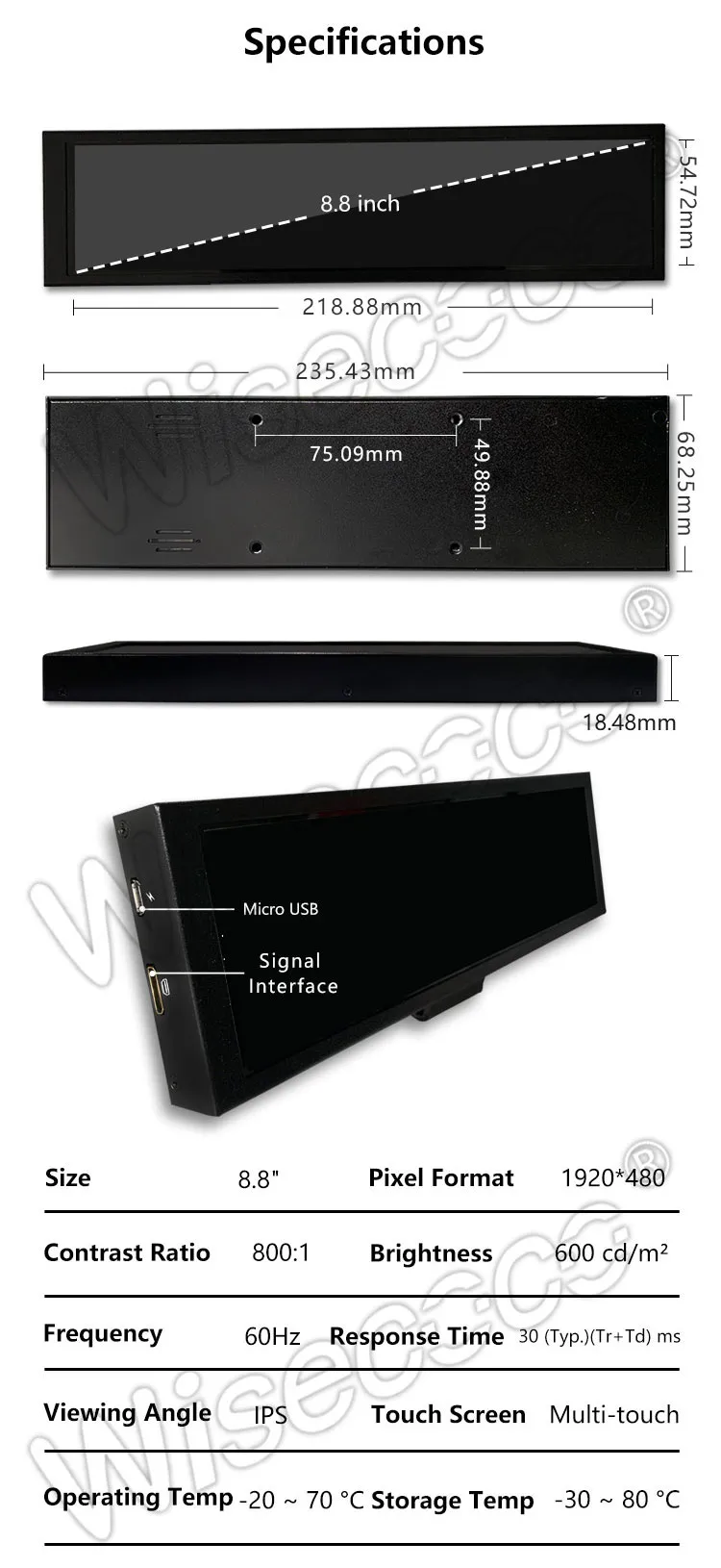 8.8 Inch Stretched Bar LCD Display 1920x480 Ultra Wide Mini Portable LCD Touch Monitor