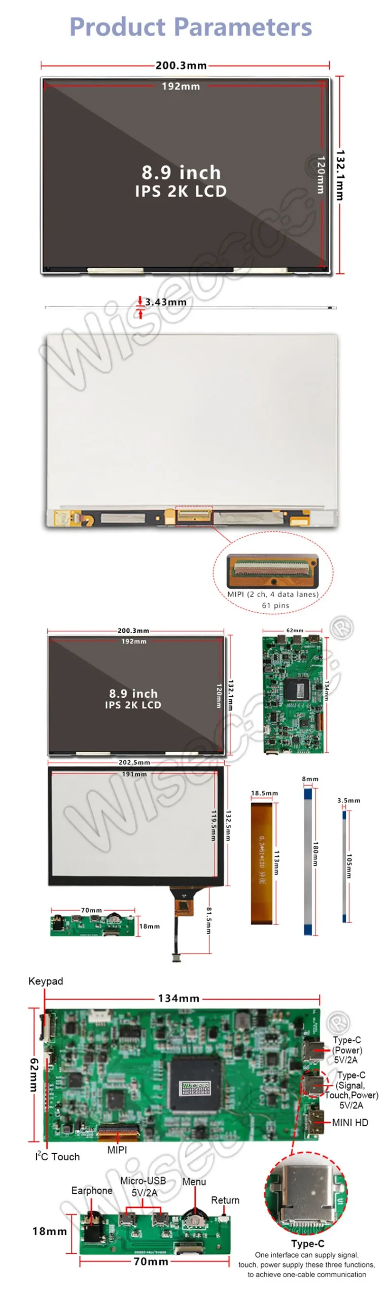 8.9 Inch 2k LCD Display with touch