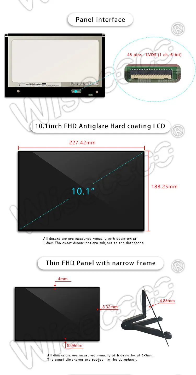 10.1 Inch IPS FHD Landscape Type LCD Display 1280x800 Resolution 45 Pins LVDS LCD Module