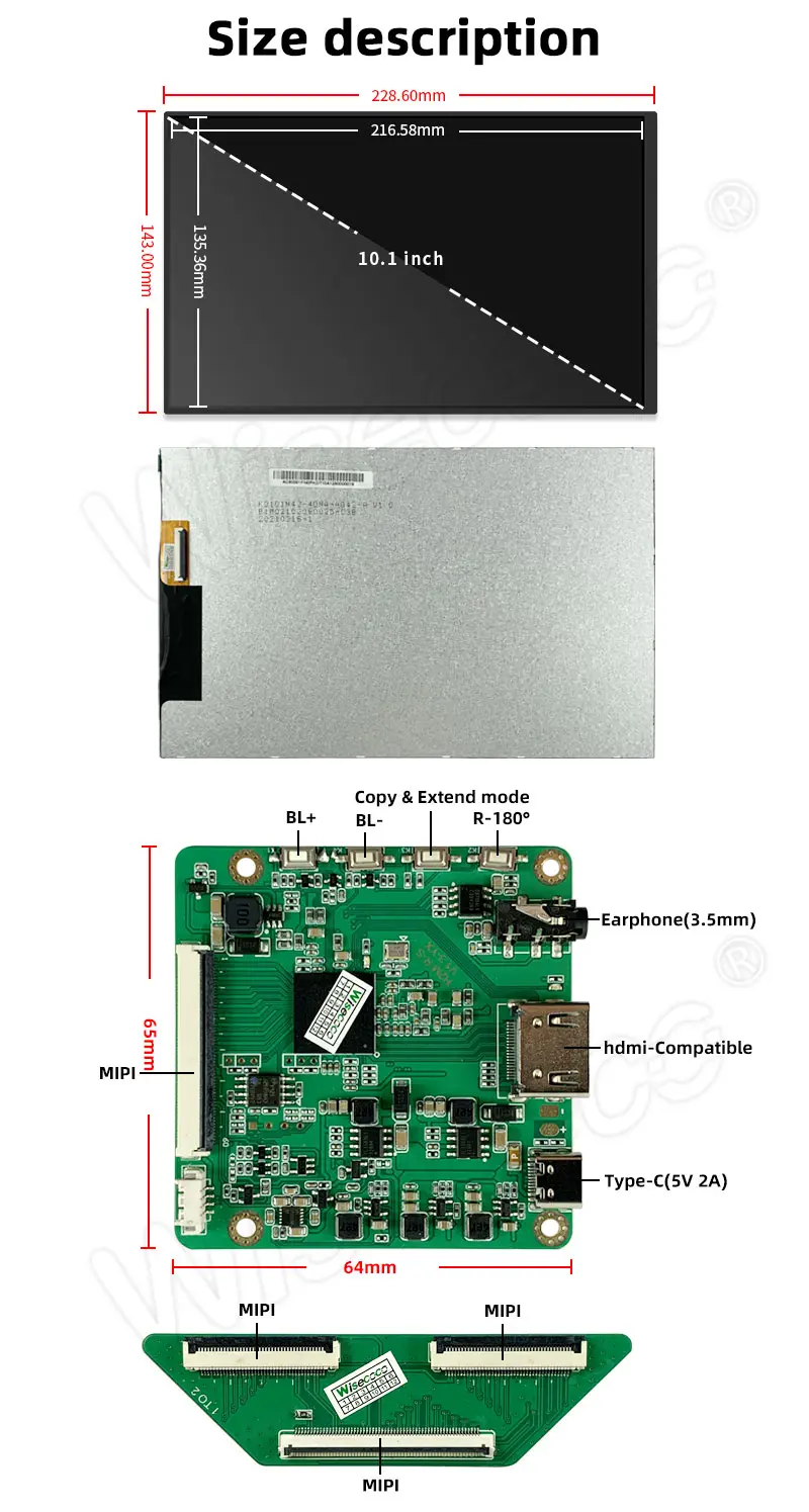 10.1 Inch IPS Dual Screen Display 1280×800 MIPI LCD Module with Driver Board Support Mirror & Extend Mode
