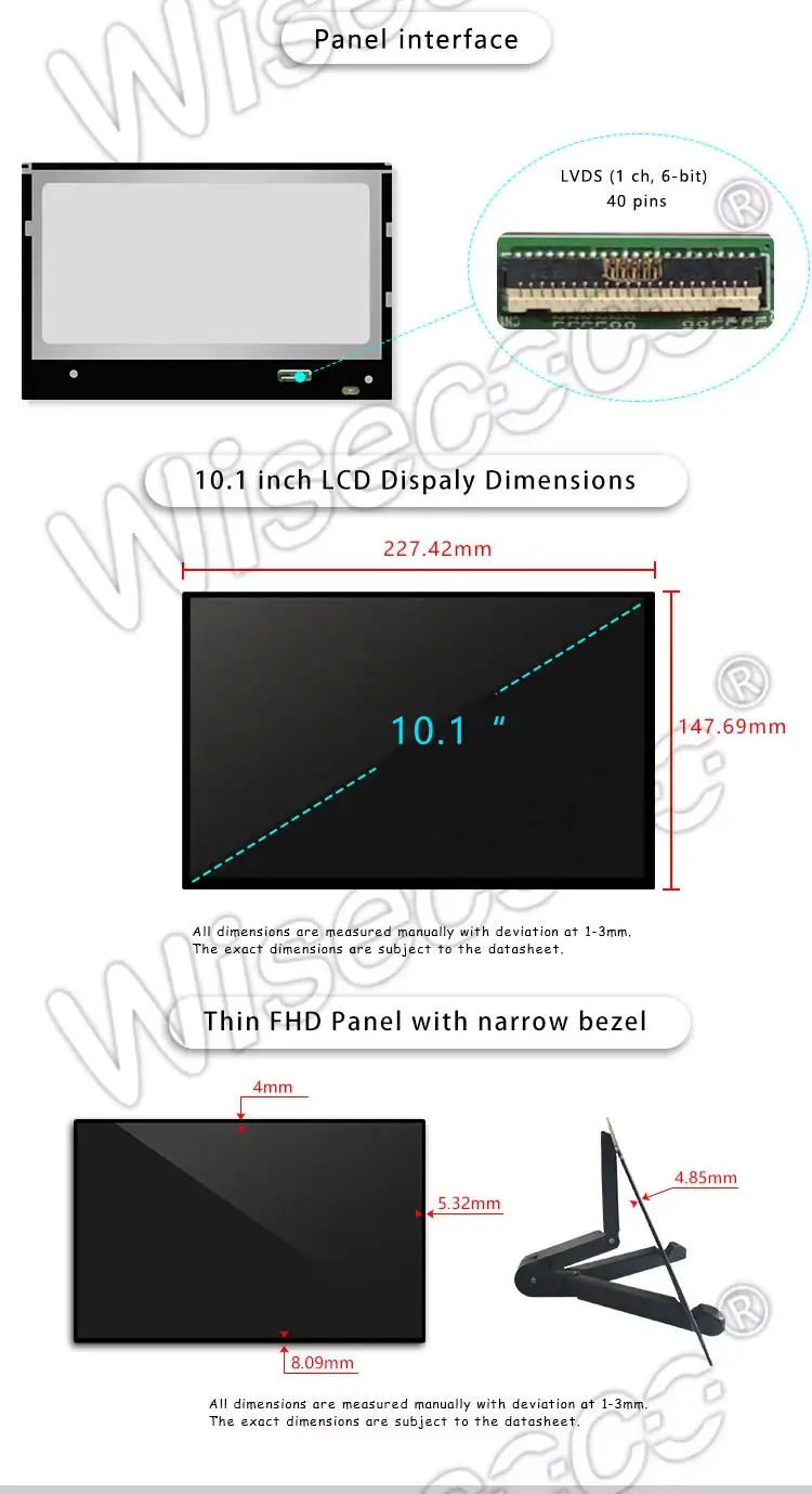 10.1 Inch 1280x800 IPS TFT LCD Screen Display WLED Backlight LVDS Interface LCD Module with Driver Board