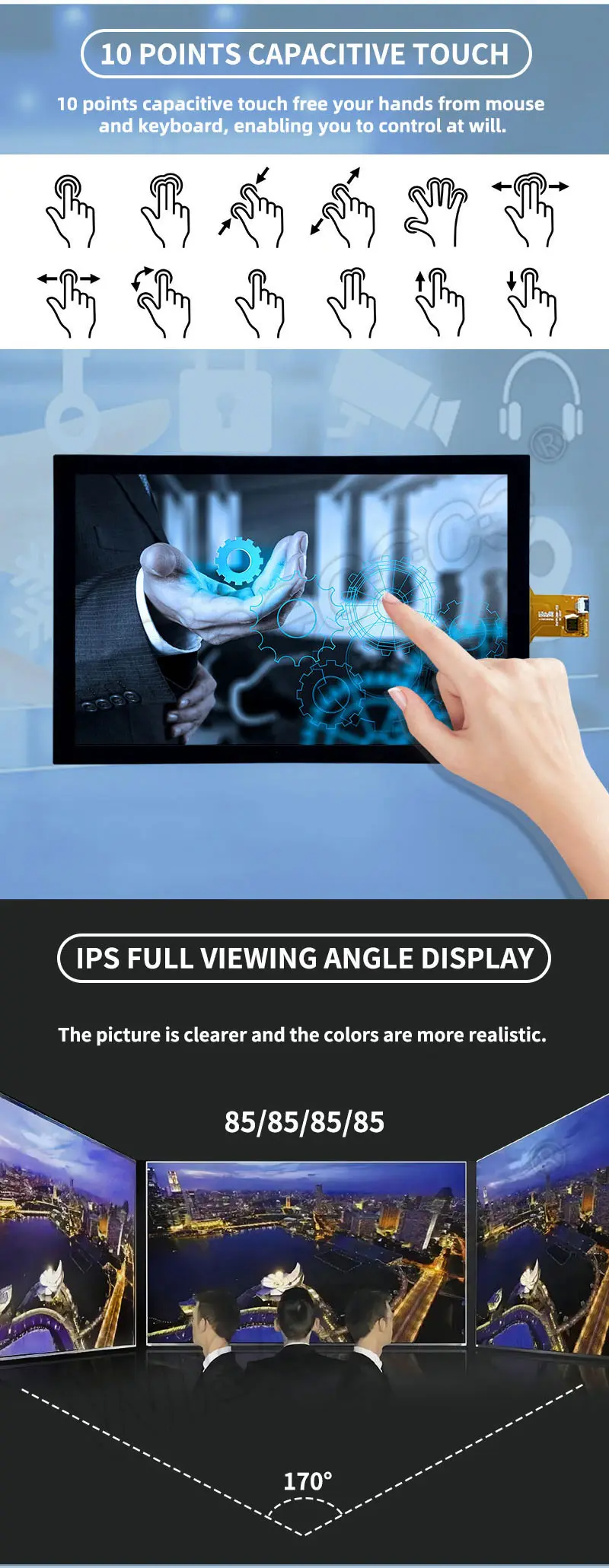 10.1 Inch IPS 1280x800 Touch LCD Display 350 Nit Capacitive Touch Screen