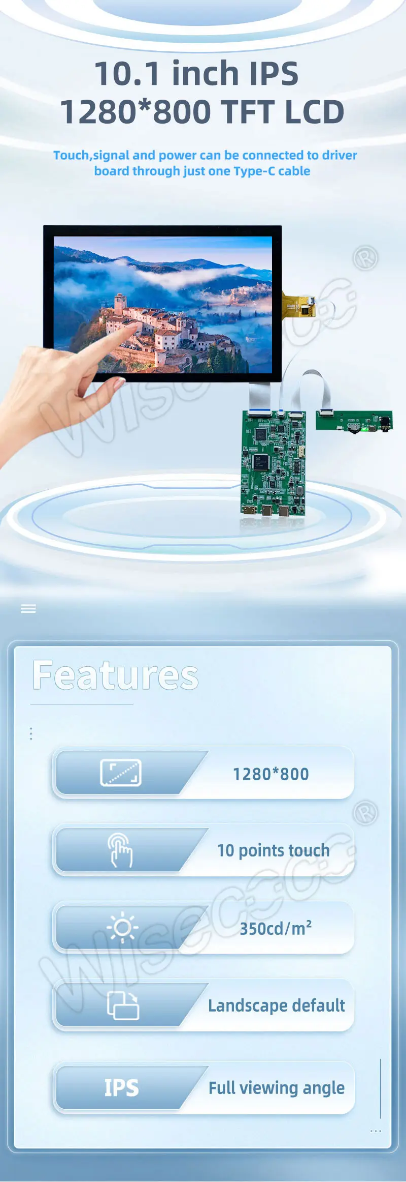10.1 Inch IPS 1280x800 Touch LCD Display 350 Nit Capacitive Touch Screen