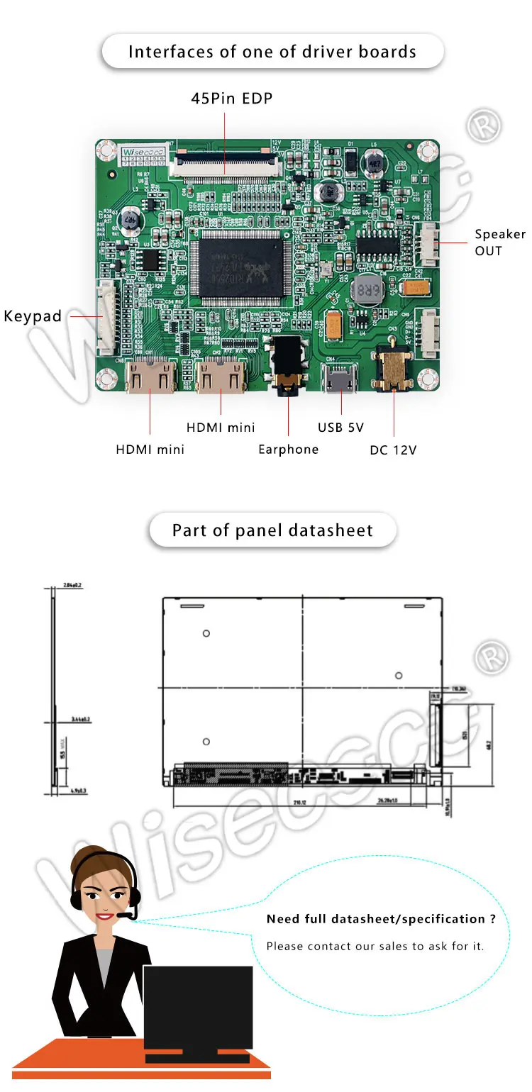 Wisecoco 10.1 Inch 2560x1600 2K Ips Tft LCD Display Screen