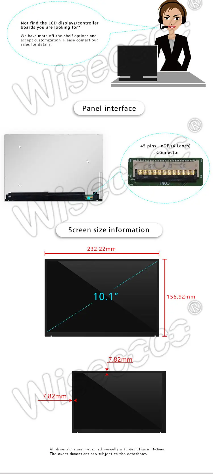 Wisecoco 10.1 Inch 2560x1600 2K Ips Tft LCD Display Screen