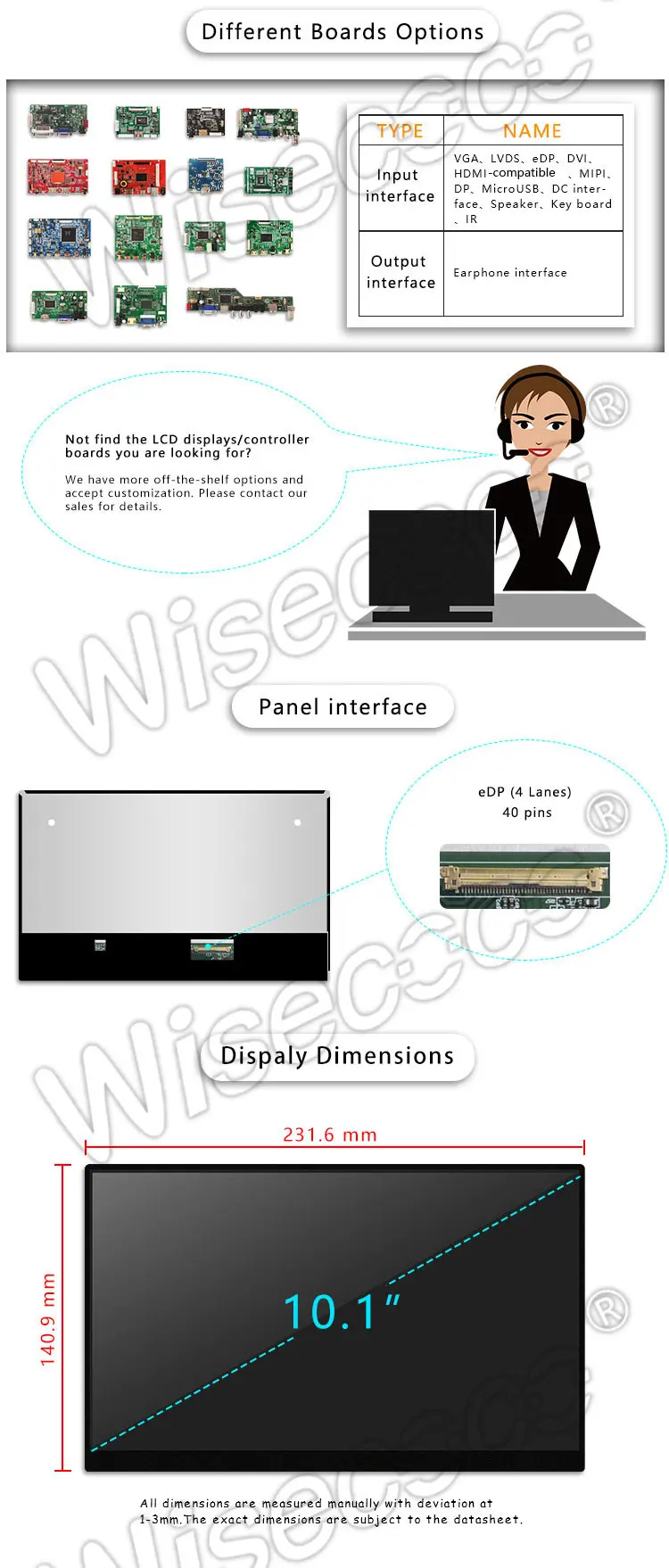 10.1 Inch 4k UHD LCD 3840x2160 Edp 40 Pin 10.1" Ips TFT LCD Display Module Panel