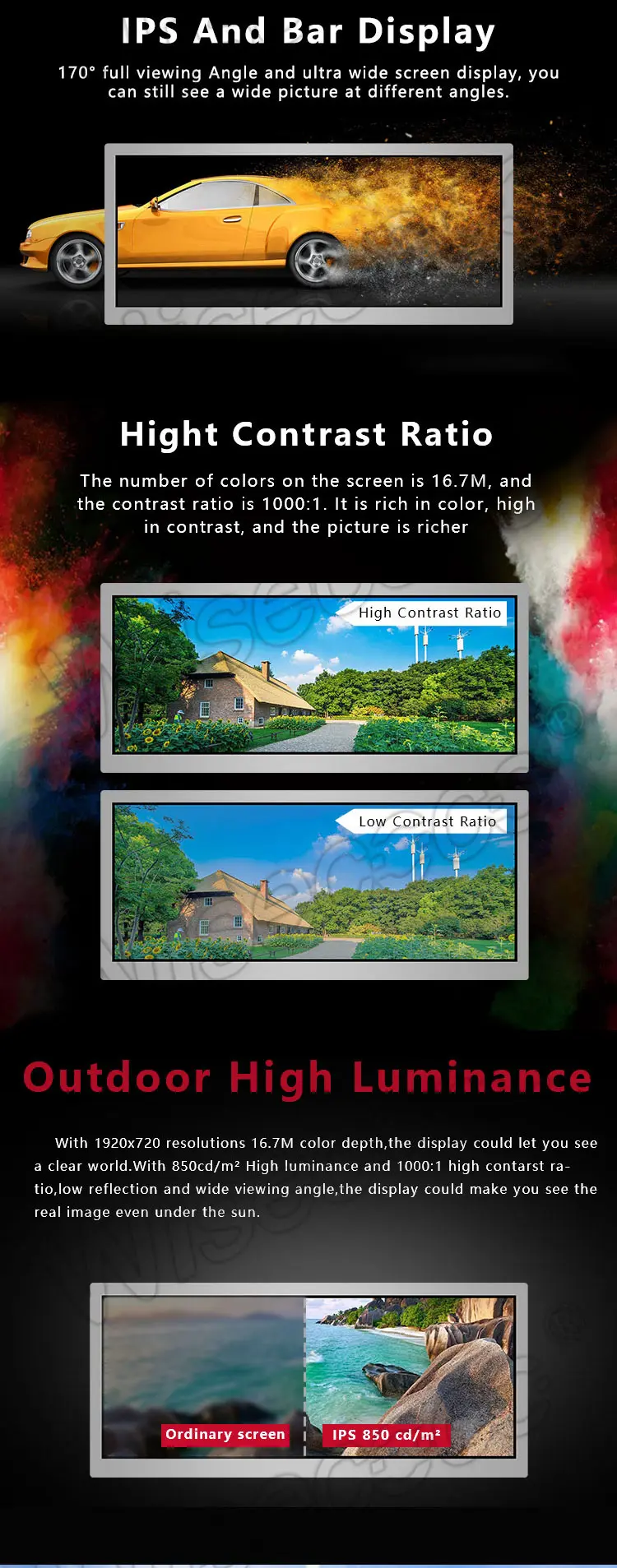 10.3 Inch Stretched Bar Type Display 1920x720 Wide Temperature 850 Nits High Brightness IPS LCD Display