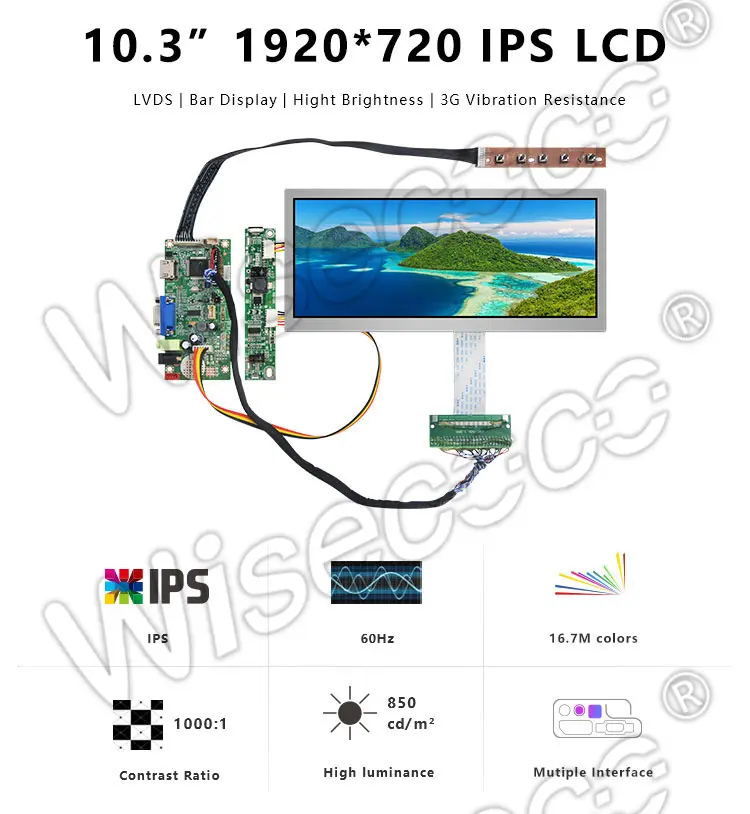 10.3 Inch Stretched Bar Type Display 1920x720 Wide Temperature 850 Nits High Brightness IPS LCD Display