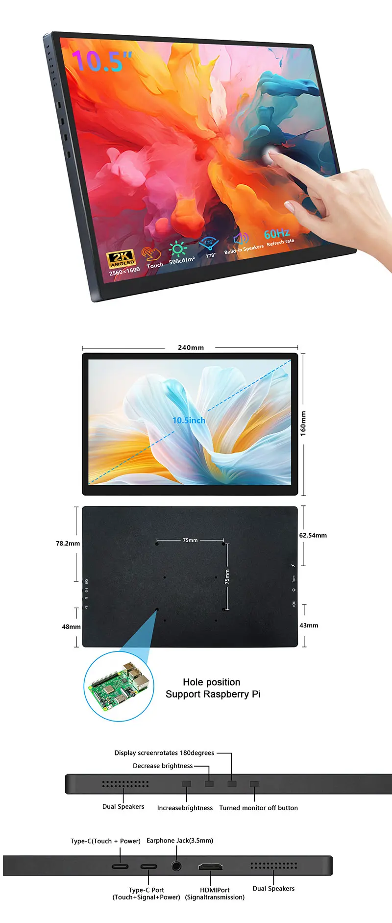 10.5 Inch 2.5K IPS OLED Touch Screen Portable Monitor 2560x1600 AMOLED Display Monitor for Raspberry Pi Laptop PC
