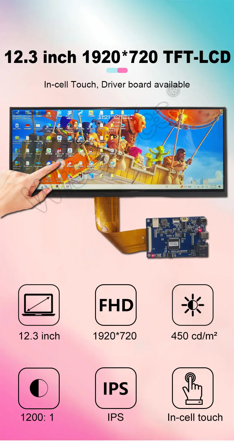 12.3 Inch 1920x720 IPS Stretched Bar Ultra Widescreen Incell Touch Display TFT LCD Module with Controller Board