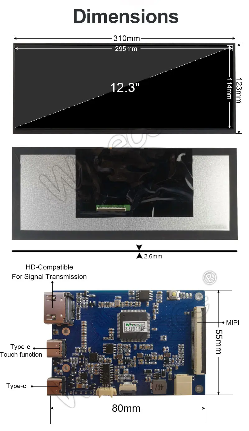 12.3 Inch 1920x720 IPS Stretched Bar Ultra Widescreen Incell Touch Display TFT LCD Module with Controller Board
