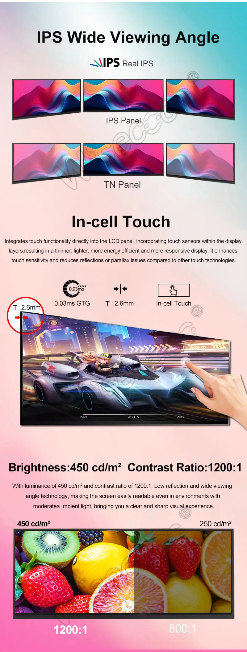12.3 Inch 1920x720 IPS Stretched Bar Ultra Widescreen Incell Touch Display TFT LCD Module with Controller Board