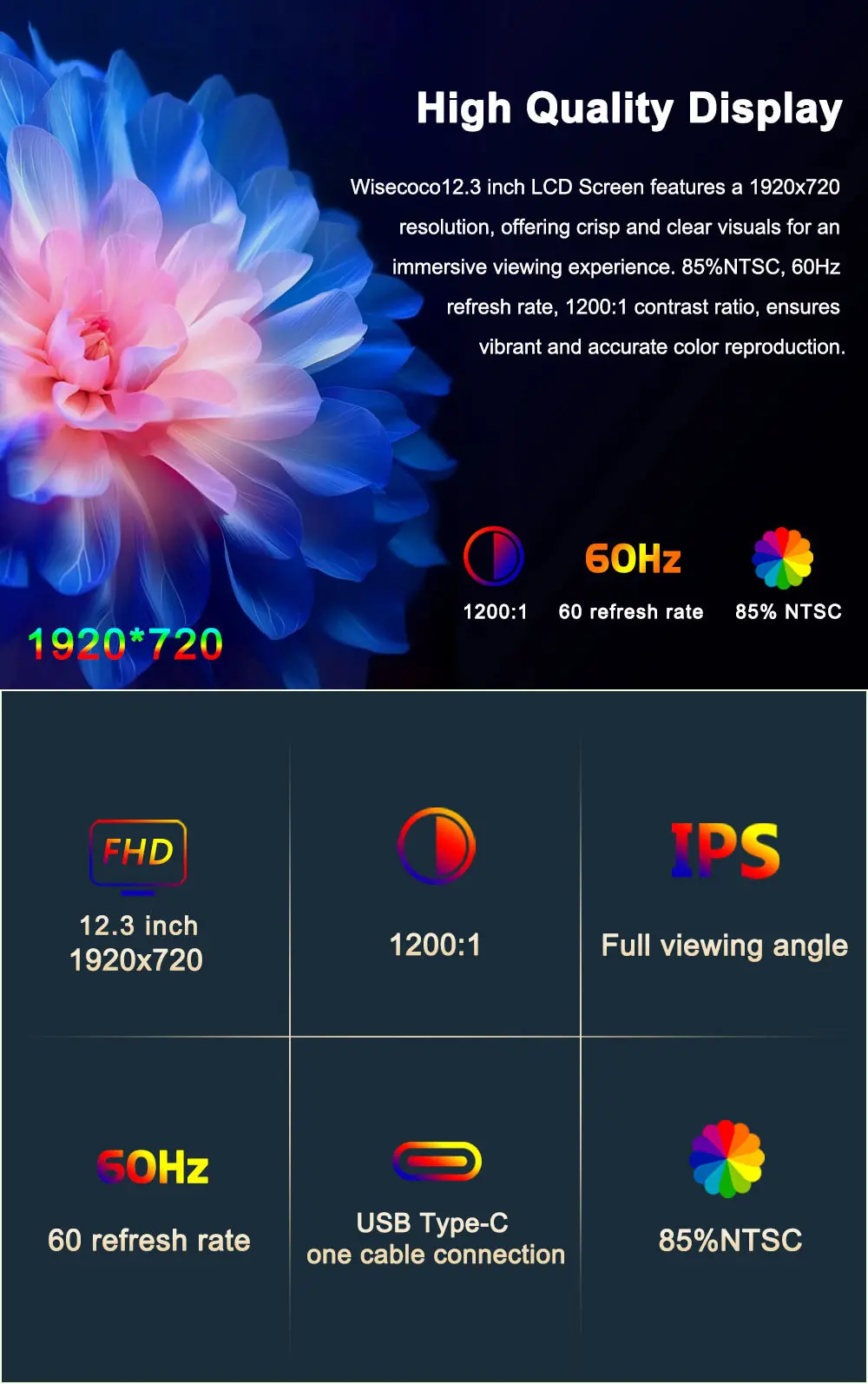 12.3 Inch Tft Lcd Display 1920x720 Incell Touch Screen USB Type-C 450 Nits IPS Stretched Bar LCD Display for Automotive