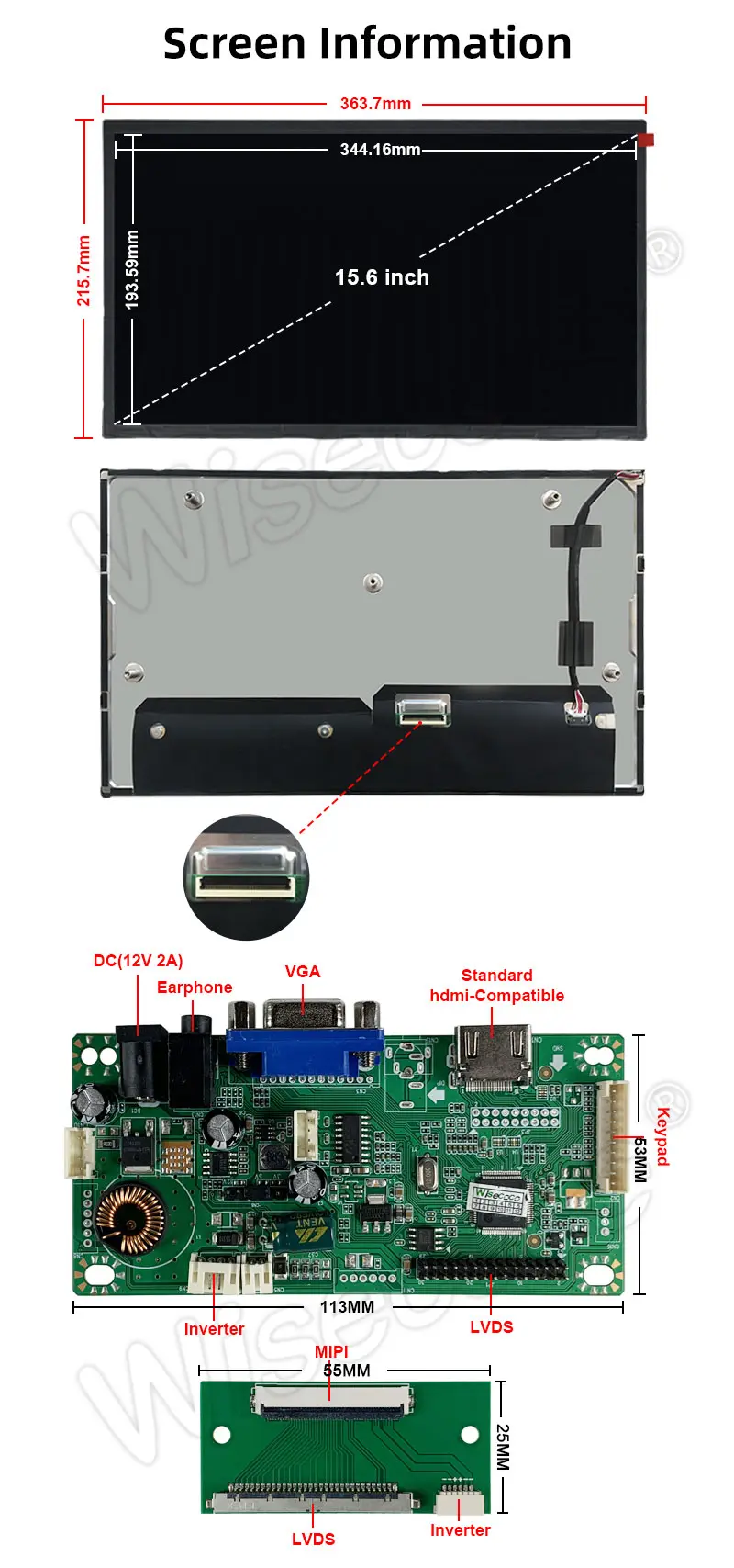 15.6 Inch TFT LCD Display 1920×1080 LVDS High Brightness 1200nits Sunlight Readable Wide Temperature Display