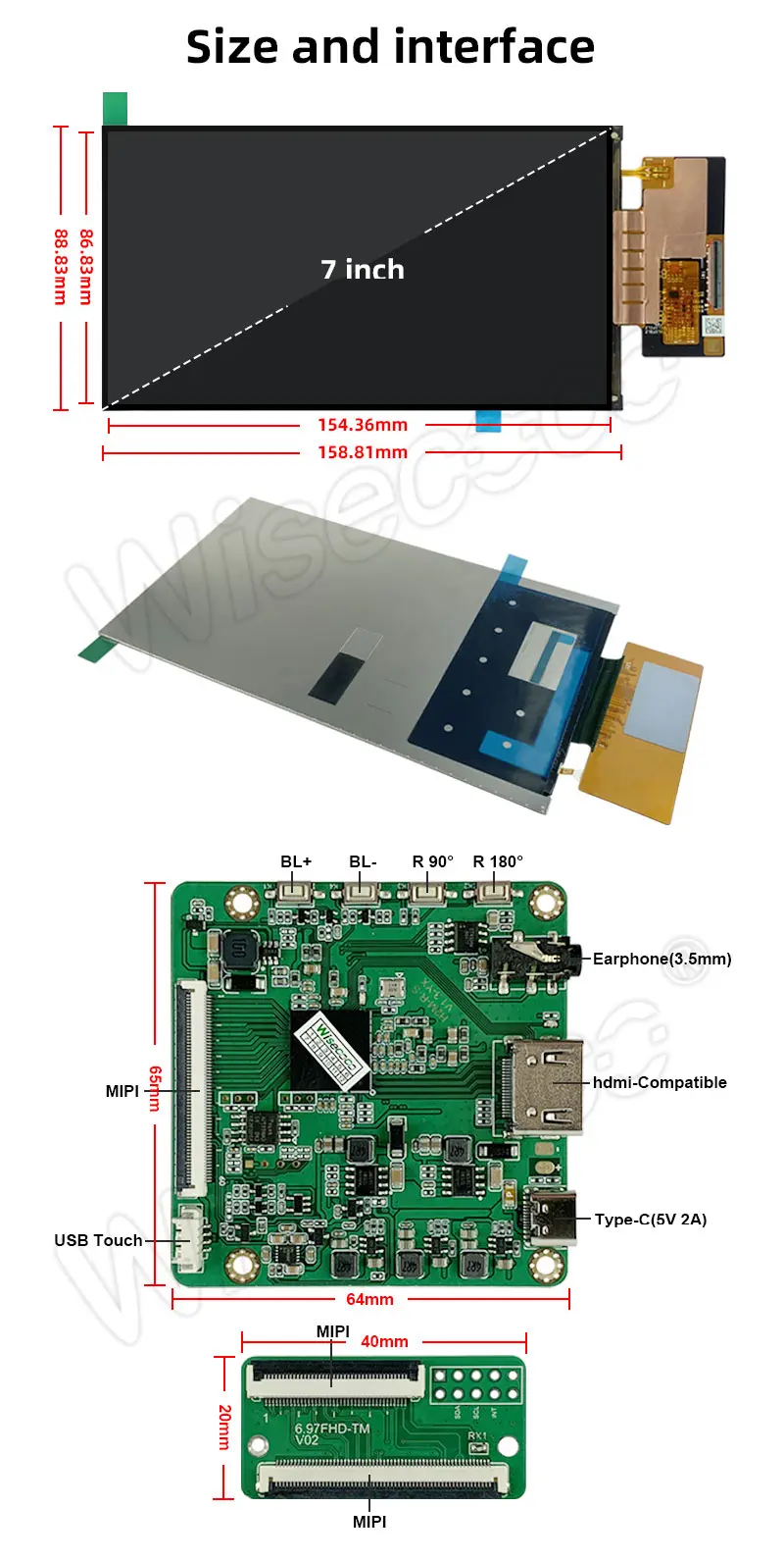 7 Inch IPS FHD Landscape Display 60 Hz Adjustable Brightness MIPI 1080P TFT LCD Screen Module