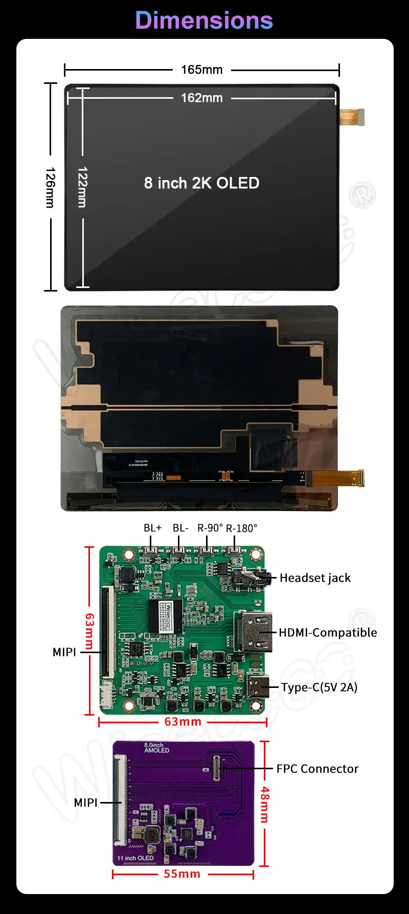 Custom 8 Inch 2K QHD Oled Screen 2480x1860 Ultra-Thin OLED E-Paper Modules Amoled Display with MIPI Interface