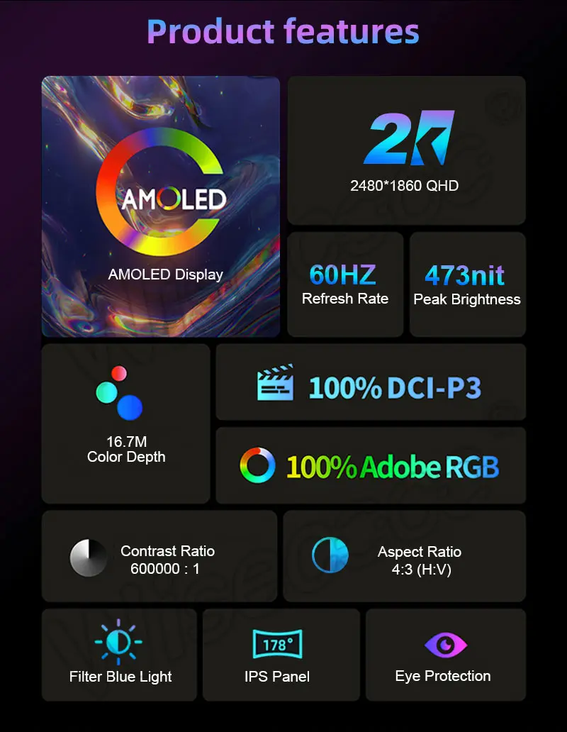 Custom 8 Inch 2K QHD Oled Screen 2480x1860 Ultra-Thin OLED E-Paper Modules Amoled Display with MIPI Interface