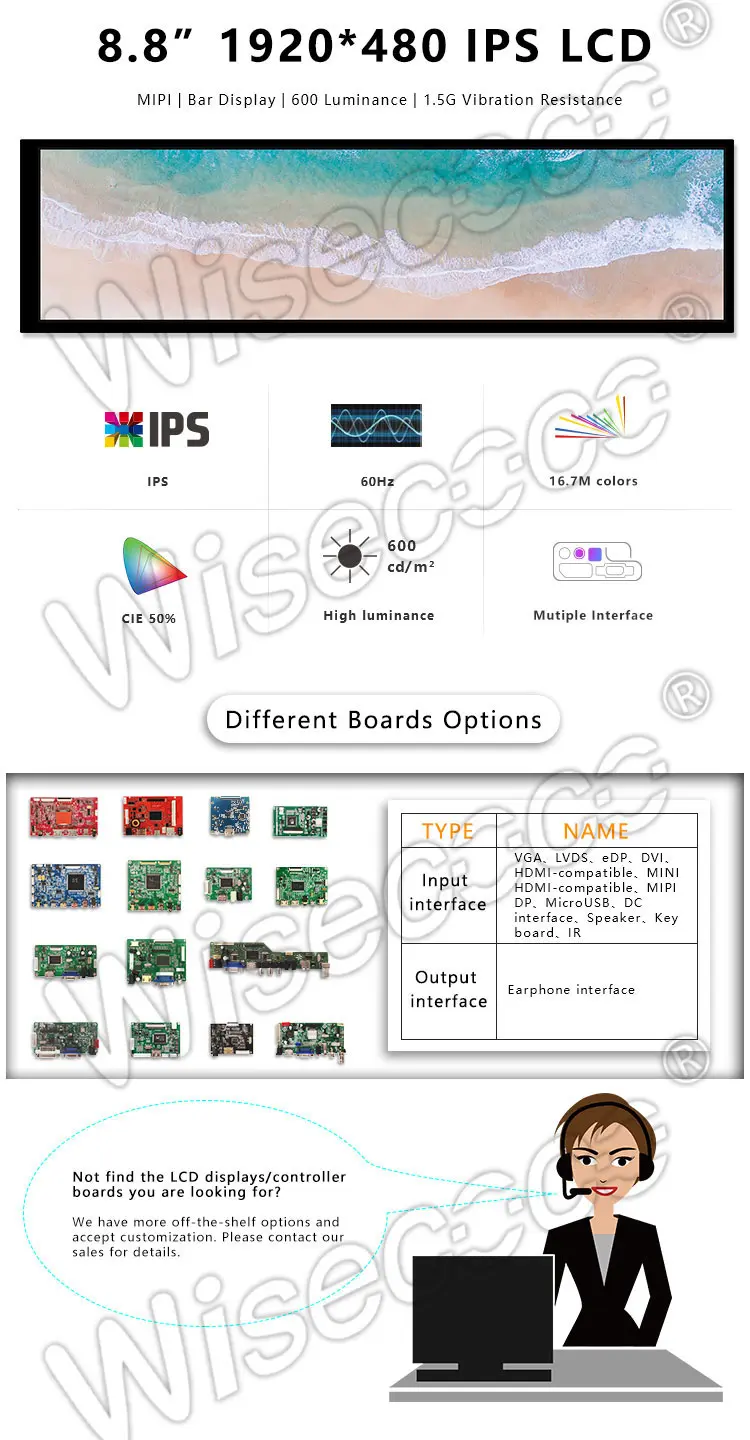 8.8" Stretched Bar Type IPS TFT LCD Display 1920x480 600nits LCD Module