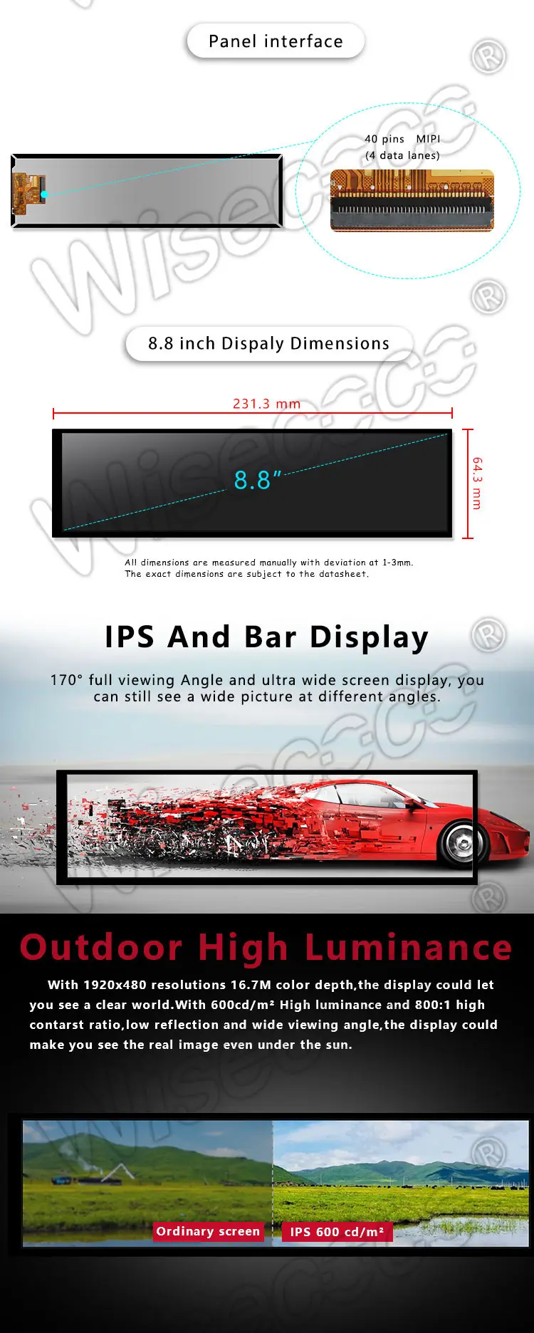 8.8" Stretched Bar Type IPS TFT LCD Display 1920x480 600nits LCD Module