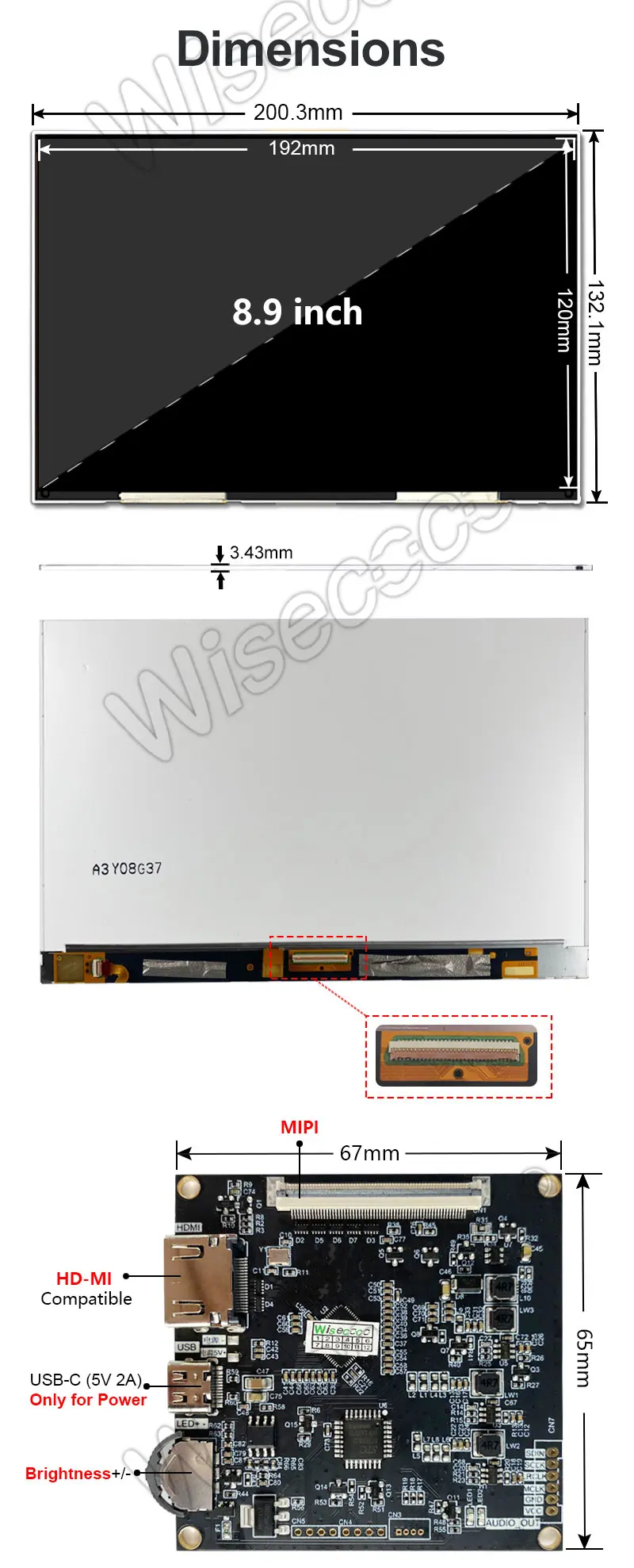 8.9 Inch TFT LCD Display 2560x1600 MIPI LCD Module With Driver Board