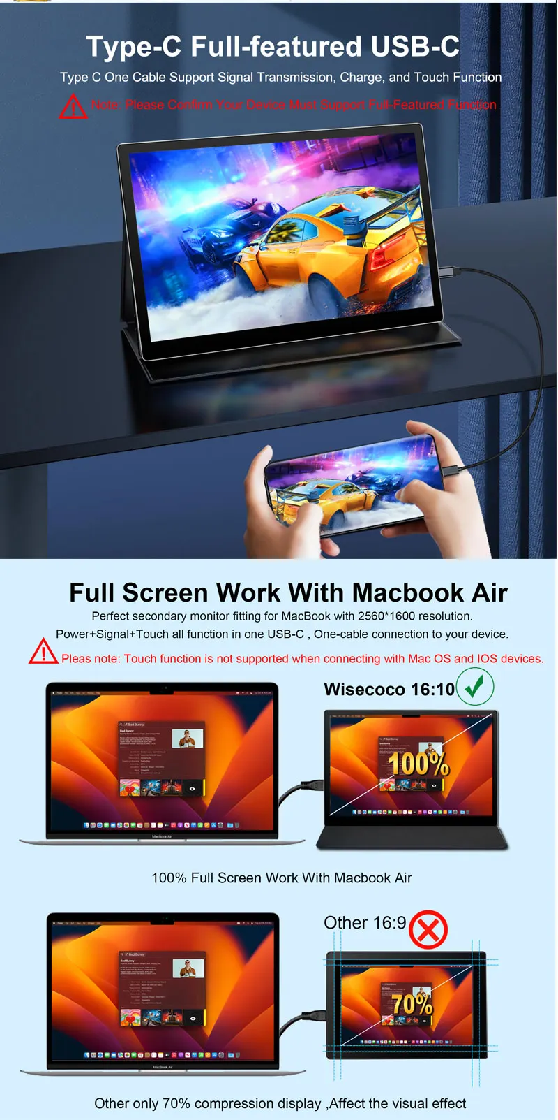 8.9 Inch Portable Monitor 2560x1600 Type-c HDMI Portable Display External Secondary Screen with Capacitive Touch