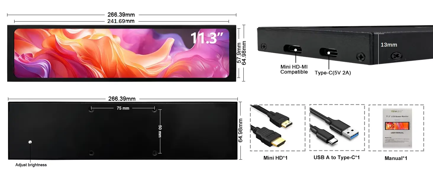 11.3 Inch 1920x440 Wide Viewing Angle Portable Monitor