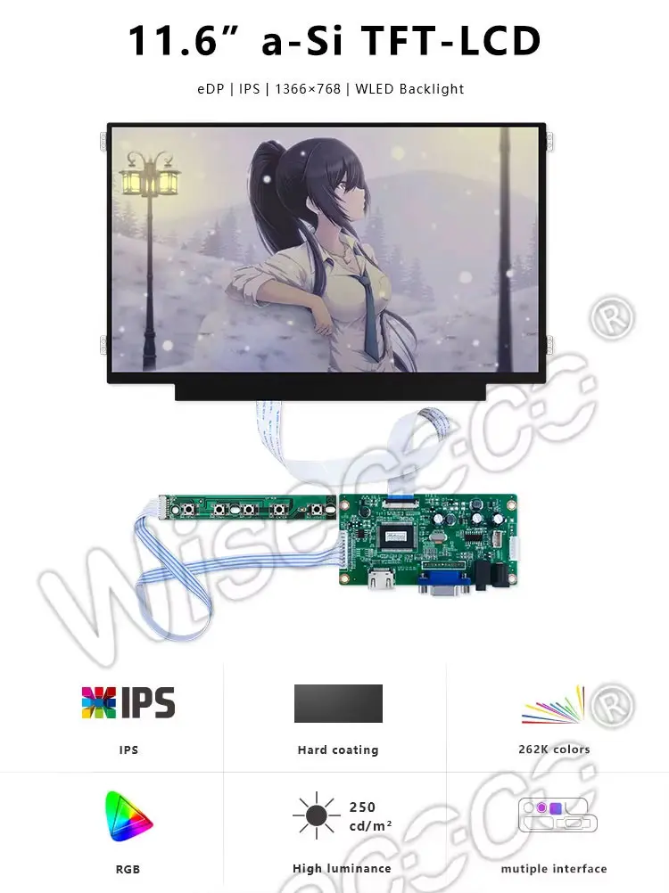 11.6 Inch TFT LCD Display 1366x768 EDP WLED Backlight IPS LCD Panel