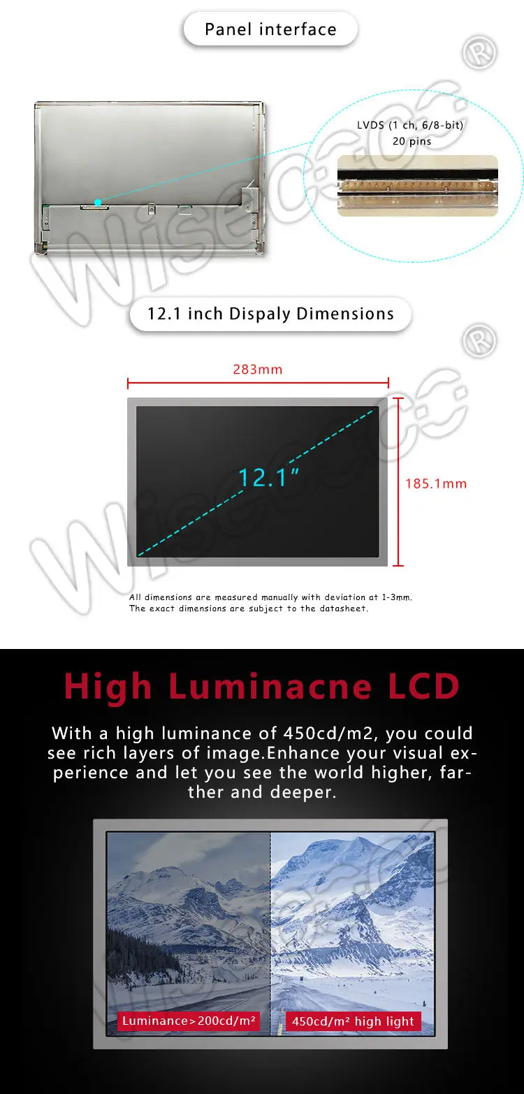 12.1 Inch TFT LCD Display 1280×800 LVDS Wide Temperature LCD Display